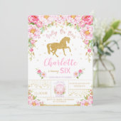 Glitter Gouden Bloemen Paard Verjaardag Uitnodigin Kaart (Staand voorkant)