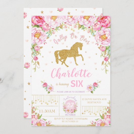 Glitter Gouden Bloemen Paard Verjaardag Uitnodigin Kaart (Voorkant / Achterkant)