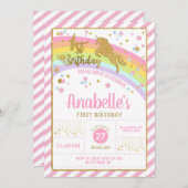 Glitter Gouden Eenhoorn 1e Verjaardag Uitnodiging  (Voorkant / Achterkant)