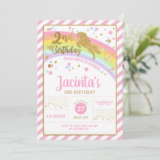 Glitter Gouden Eenhoorn 2e Verjaardag Uitnodiging  (Staand voorkant)