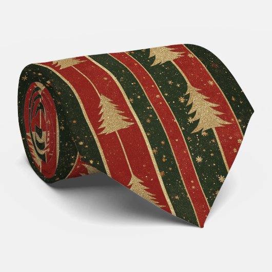 Glitter Gouden Kerstboom - Rood & Groen Gestreepte Stropdas (Opgerold)