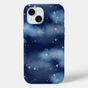 Glitter Gouden Sterren Donkerblauw Hemelpatroon iPhone 15 Case