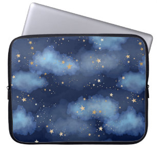 Glitter Gouden Sterren Donkerblauw Hemelpatroon Laptop Sleeve