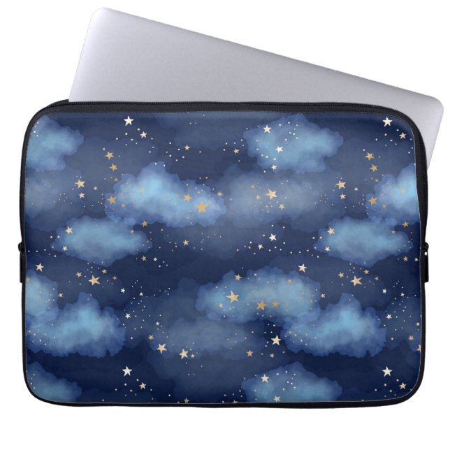 Glitter Gouden Sterren Donkerblauw Hemelpatroon Laptop Sleeve (Voorkant)