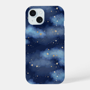 Glitter Gouden Sterren Donkerblauwe Lucht Patroon iPhone 15 Case