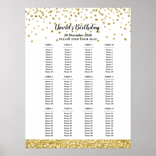 glitter gouden zitplaats bord, verjaardagsfeestje  poster (Voorkant)
