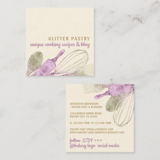 Glitter goudstoffige roze banketbakkerij vierkante visitekaartje (Voorkant / Achterkant)
