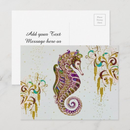 Glitter Goudzedenregenboogzeepaardje Briefkaart (Voorkant / Achterkant)