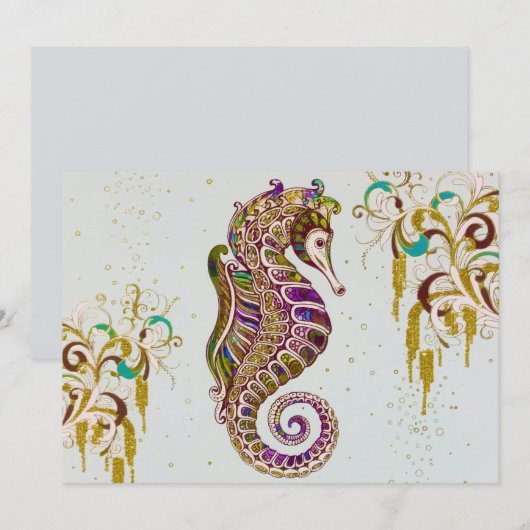 Glitter Goudzedenregenboogzeepaardje Feestdagenkaart (Voorkant / Achterkant)