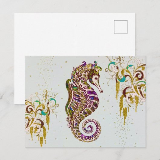 Glitter Goudzedenregenboogzeepaardje Feestdagenkaart (Voorkant / Achterkant)