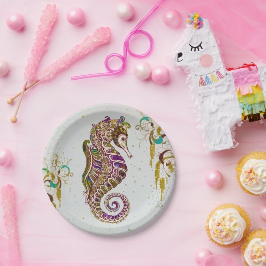 Glitter Goudzedenregenboogzeepaardje Papieren Bordje (Feest)