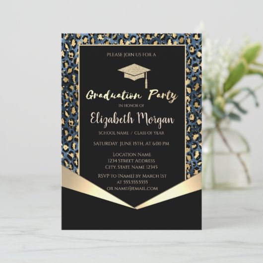 Glitter Grad Cap,Glitter Blue Leopard Graduation  Kaart (Staand voorkant)