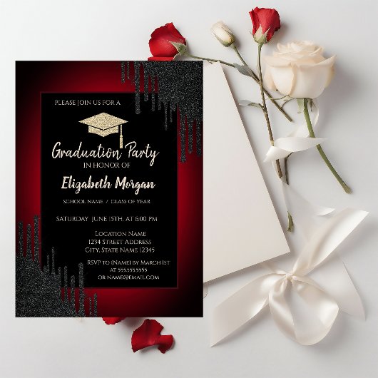 Glitter Graduation Cap, Black Drift Dark Red Kaart