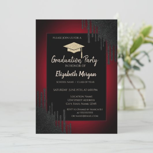 Glitter Graduation Cap, Black Drift Dark Red Kaart (Staand voorkant)