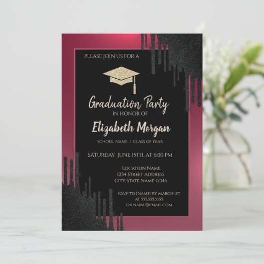 Glitter Graduation Cap, Black Drift Red Kaart (Staand voorkant)
