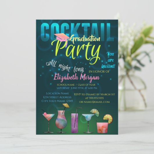 Glitter Graduation Cap, Cocktail Afstuderen Kaart (Staand voorkant)