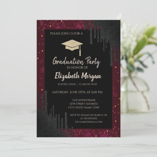 Glitter Graduation Cap, Confetti Black Drift Red Kaart (Staand voorkant)