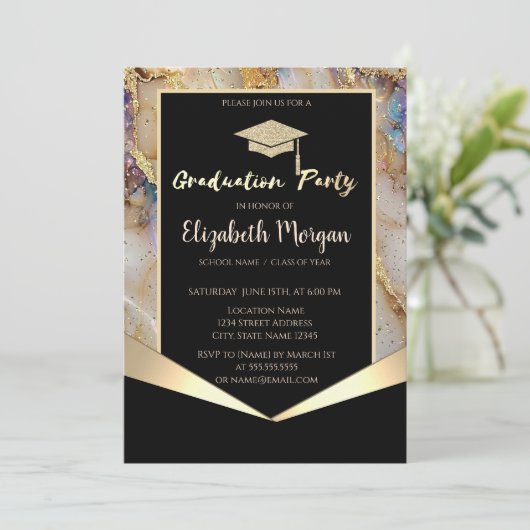 Glitter Graduation Cap, Confetti Pearl Marble Kaart (Staand voorkant)