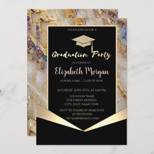 Glitter Graduation Cap, Confetti Pearl Marble Kaart (Voorkant / Achterkant)