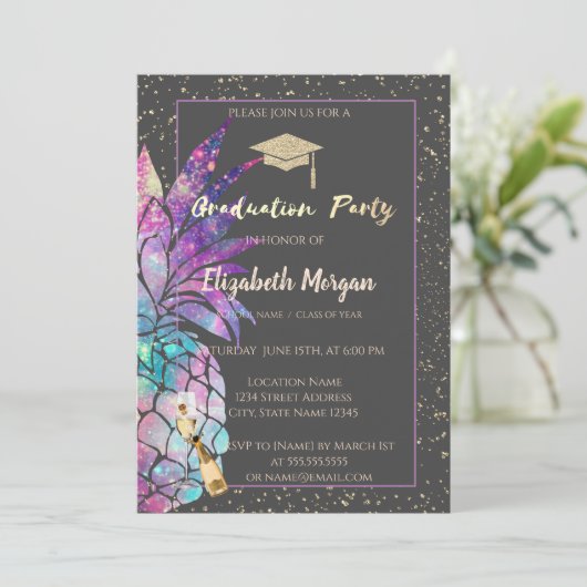 Glitter Graduation Cap, Confetti, wijn, ananas Kaart (Staand voorkant)