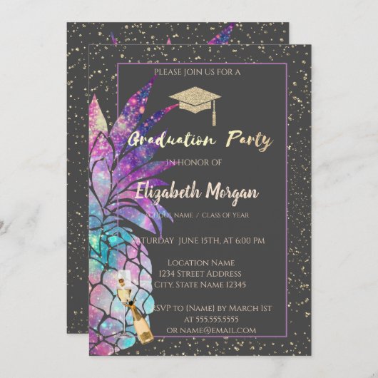 Glitter Graduation Cap, Confetti, wijn, ananas Kaart (Voorkant / Achterkant)