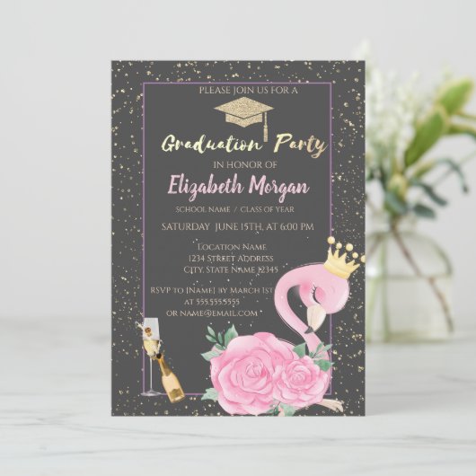 Glitter Graduation Cap,Confetti,Wine,Roze Flamingo Kaart (Staand voorkant)