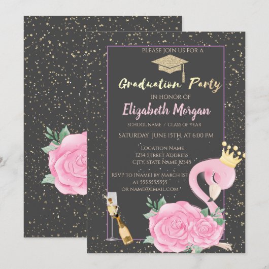 Glitter Graduation Cap,Confetti,Wine,Roze Flamingo Kaart (Voorkant / Achterkant)