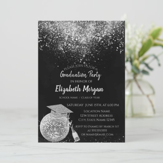 Glitter Graduation Cap, Disco Ball Confetti, Wine Kaart (Staand voorkant)