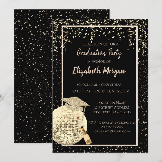 Glitter Graduation Cap, Disco Ball Confetti, Wine Kaart (Voorkant / Achterkant)