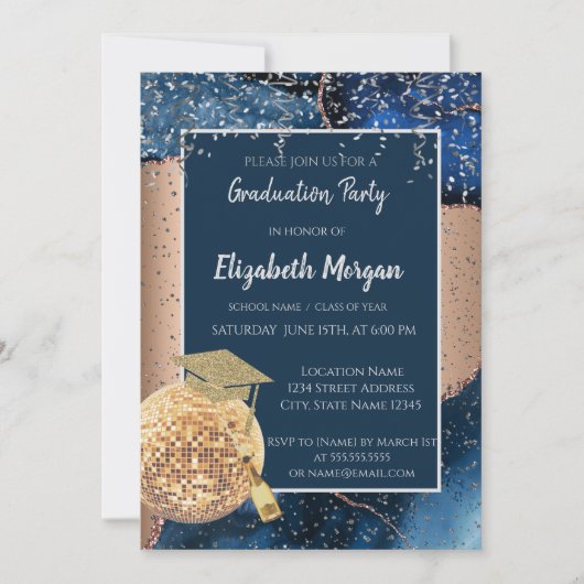 Glitter Graduation Cap, Disco Ball Marmer Agaat Kaart (Voorkant)