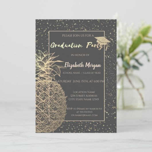 Glitter Graduation Cap, GoldPineapple, Confetti Af Kaart (Staand voorkant)