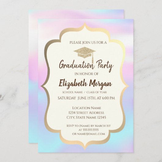 Glitter Graduation Cap Holographic Afstuderen Part Kaart (Voorkant / Achterkant)