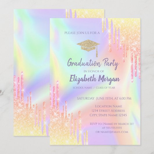 Glitter Graduation Cap, Ombre druppels Holografisc Kaart (Voorkant / Achterkant)