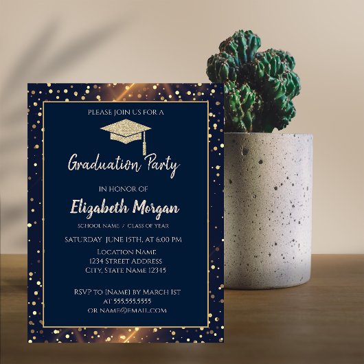 Glitter Graduation Cap, Polka Dots, Navy Blue Kaart