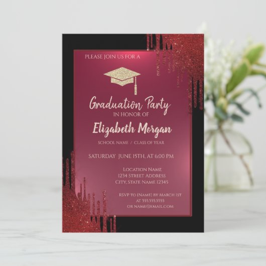 Glitter Graduation Cap, Red Drives Black Afstudere Kaart (Staand voorkant)