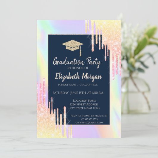 Glitter Graduation Cap, Roos Gold Drids, Navy Blue Kaart (Staand voorkant)
