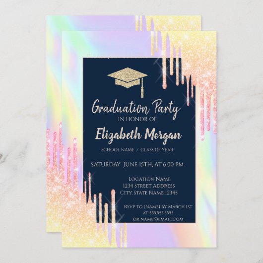 Glitter Graduation Cap, Roos Gold Drids, Navy Blue Kaart (Voorkant / Achterkant)