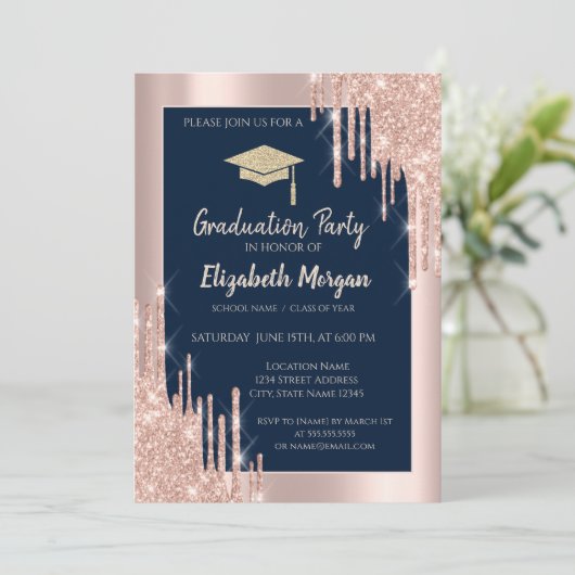 Glitter Graduation Cap, Roos Gold Drids, Navy Blue Kaart (Staand voorkant)
