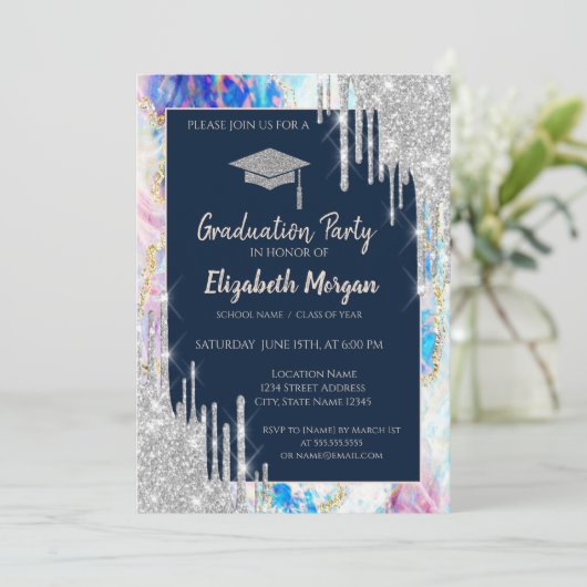 Glitter Graduation Cap, Silver Drids, Opal, Navy B Kaart (Staand voorkant)