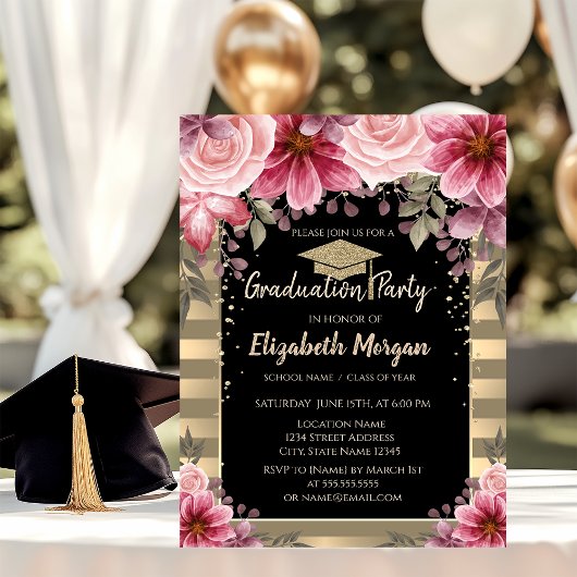 Glitter Graduation Cap, Stripes Floral Kaart