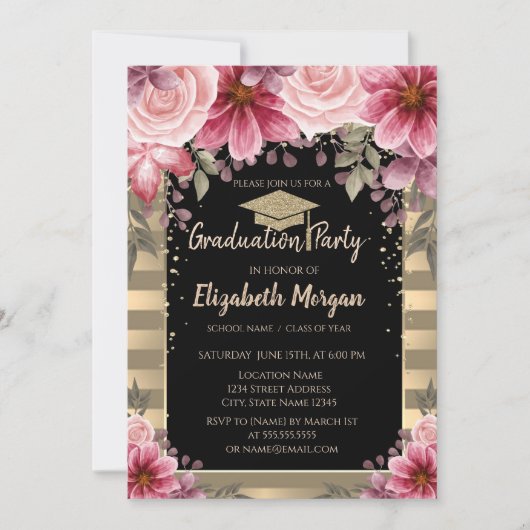 Glitter Graduation Cap, Stripes Floral Kaart (Voorkant)