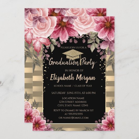 Glitter Graduation Cap, Stripes Floral Kaart (Voorkant / Achterkant)