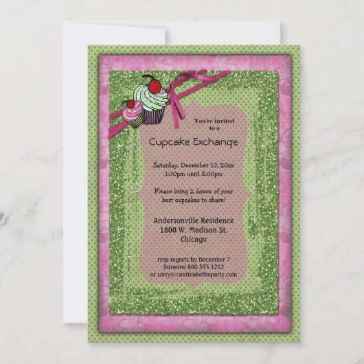 Glitter Green en Roze Cupcake Exchange-uitnodiging Kaart (Voorkant)