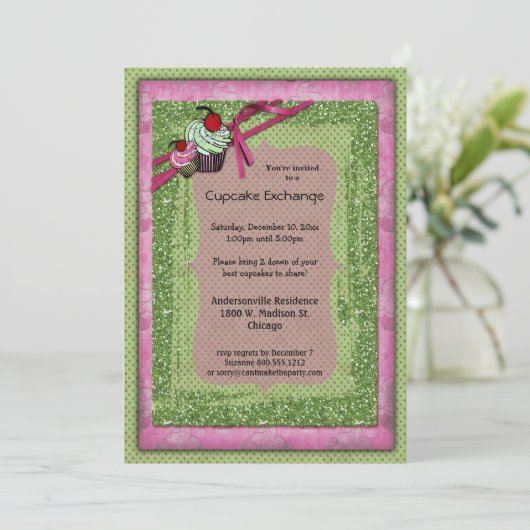Glitter Green en Roze Cupcake Exchange-uitnodiging Kaart (Staand voorkant)
