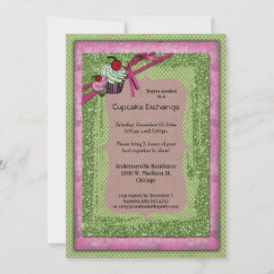 Glitter Green en Roze Cupcake Exchange-uitnodiging Kaart