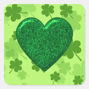 Glitter Green Heart en Shamrock Square Stickers