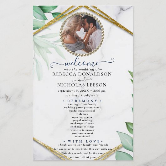 Glitter Greenery Elegant Photo Wedding Programme (Voorkant)