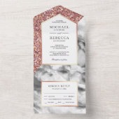 Glitter Grey Marble Wedding White en Roos Gold All In One Uitnodiging (Binnen)