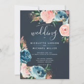 Glitter, grijs, marineblauw en blush Floral Gold Kaart (Voorkant)