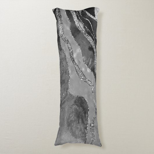 Glitter: grijs zwarte witte marmer Agate Silver Lichaamskussen (Voorkant Verticaal)